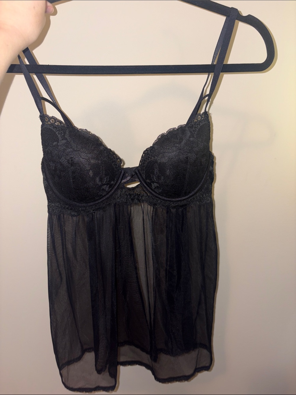 NWT La SENZA Black Mesh Babydoll Lace Detail Lingerie W/ Underwire Push-Up Cups